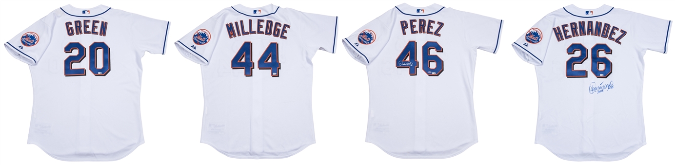 Lot of (4) 2007 Opening Day New York Mets Game Used White Alternate Jerseys: Green, Milledge, Perez & O. Hernandez (signed) (Mets-Steiner, MLB Authenticated & Beckett)